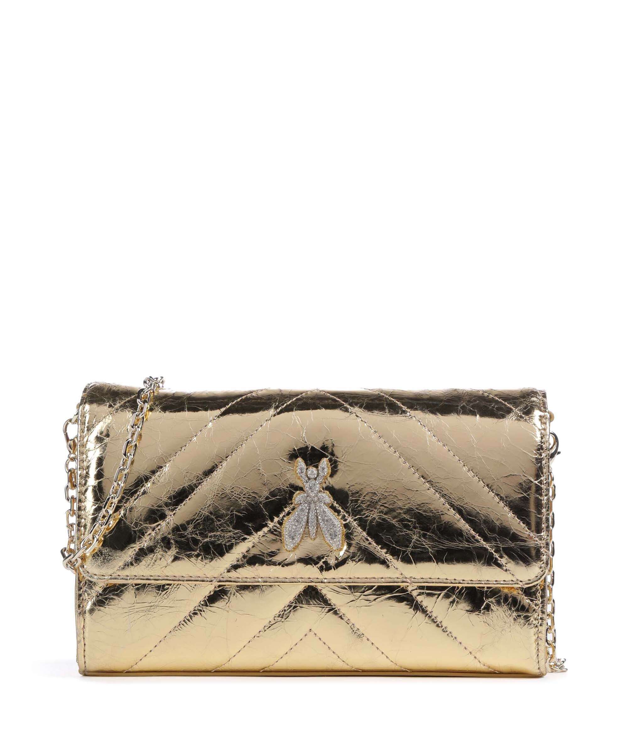 Patrizia Pepe Fly Quilted Metallic Crossbody bag craquele gold